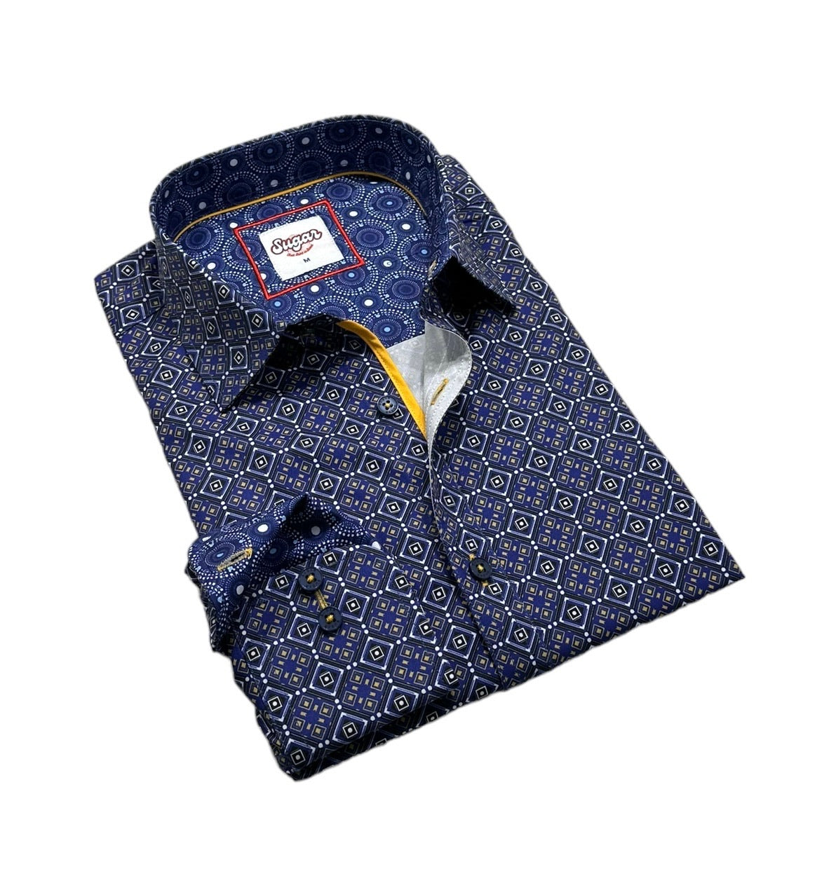 Elevate your style with our bold button-up shirt featuring a multicolor square print and sleek contrasting trim. Perfect for making a statement, this modern geometric design adds flair to any occasion.