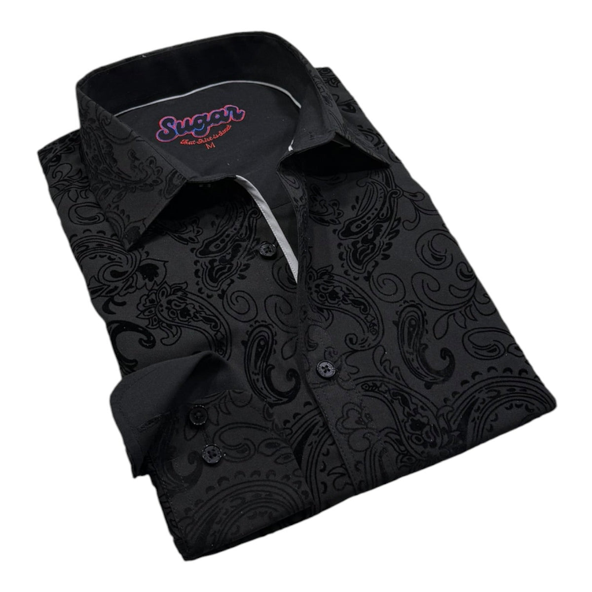 Folded black button-up shirt with paisley flocked pattern and spread collar, shown on a white background