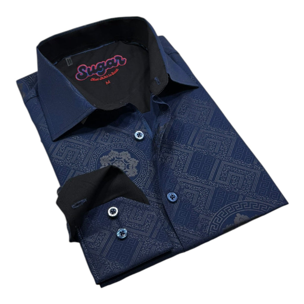Henna long-sleeve button-down in deep navy with tonal geometric maze and central floral medallion