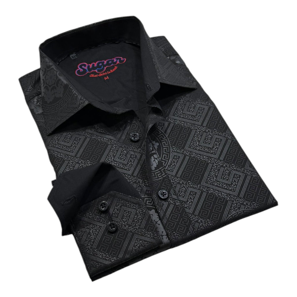 Henna long-sleeve black button-down with tonal geometric maze pattern and central floral medallion