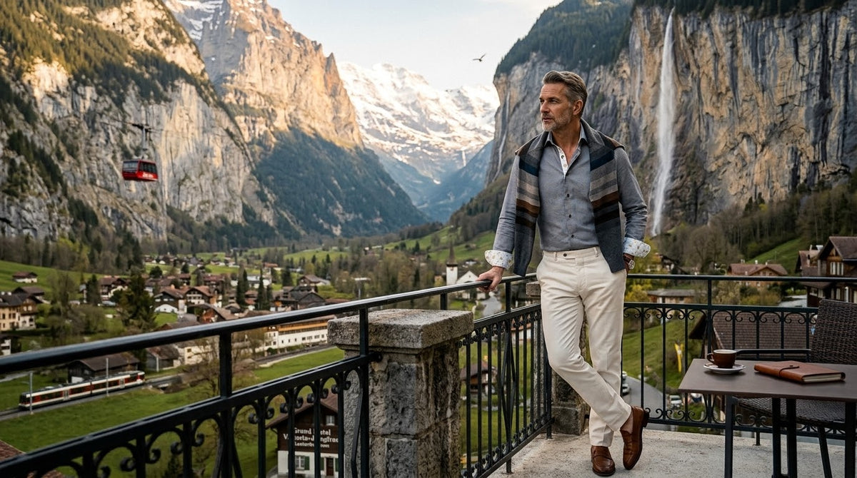 Man standing on a hotel balcony overlooking a valley village with cliffs, a waterfall, cable car, and snowcapped mountains