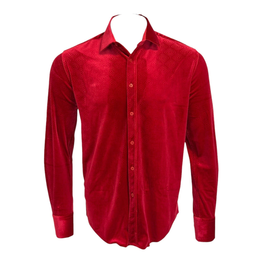 Tunnel long-sleeve red button-down shirt with embossed diamond pattern, tonal buttons, classic collar and cuffs
