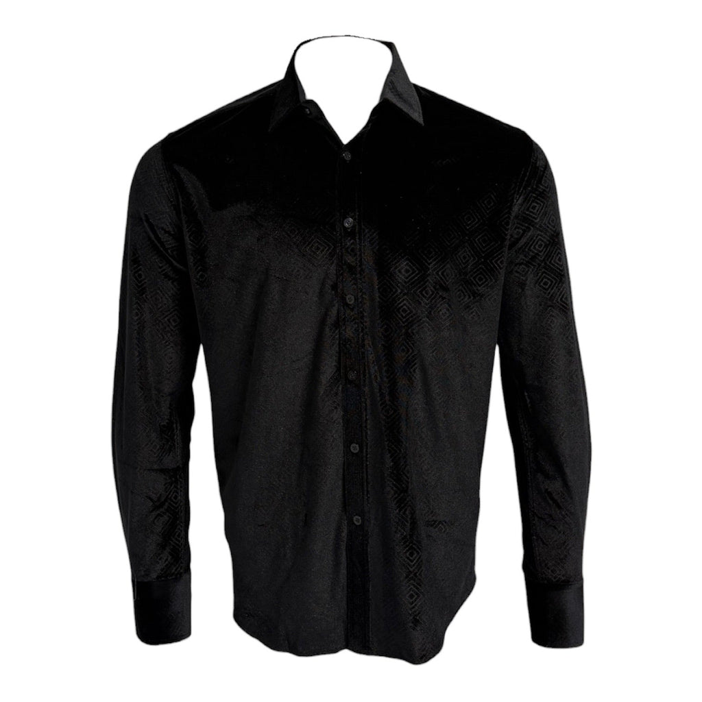 Tunnel long-sleeve black button-down shirt with spread collar, tonal buttons and embossed geometric diamond pattern